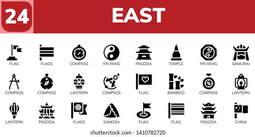east icon set. 24 filled east icons.  Collection Of - Flag, Flags, Compass, Yin yang, Pagoda, Temple, Samurai, Lantern, Bamboo, Samosa, China