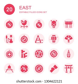 east icon set. Collection of 20 filled east icons included Compass, Vane, Camel, Torii gate, Hookah, Lantern, Paper fan, Bamboo, Yin yang, Torii