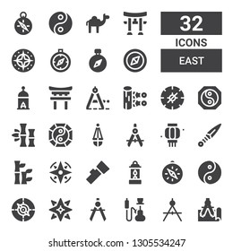 east icon set. Collection of 32 filled east icons included Compass, Hookah, Windrose, Yin yang, Lantern, Bamboo, Kunai, Torii, Camel