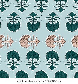 East illustration with decorative flowers. Seamless pattern with blue textured background. Hand-drawn.