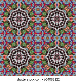 East, Islam, Indian, motifs. Arabic Mandala pattern on background. Vintage vector decorative ornament. Ethnic texture. Colored. Orient, symmetry lace, fabric. Wedding, holiday card.