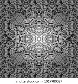 East, Islam, Thai, Indian, ottoman motifs. Orient, symmetry lace, meditation symbol. Vector Mandala colored on white, black and gray colors. Mandala pattern. Tribal. Arabic Vintage decorative ornament