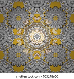 East, Islam, Thai, ottoman motifs. Orient, lace, meditation symbol. Mandala pattern. Arabic Vintage decorative ornament. Abstract Tribal, ethnic texture. Vector Mandala colored on a yellow background.