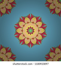 East, Islam. Vector Mandala pattern on blue, yellow and pink colors. Arabic Vintage decorative ornament. Mandala colored background.
