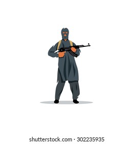 East Islamic commandos with a gun sign. Terrorist with firearm. Violence and Crime. Vector Illustration. Branding Identity Corporate logo design template Isolated on a white background