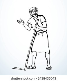 East Israel Arab human bible age Jew hold rake stick handle look dig mow chop cut weed show earth labor plant crop. Black line coal drawn retro biblic art joy Asian senior Jewish mow carry ripe symbol