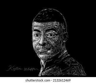 East Java, Indonesia - February 5 2022:Kylian Mbappe Professional Football Player In Scribble Art Style