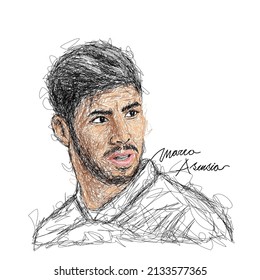 East Java, Indonesia - March 9 2022: Marco Asensio Football Player Scribble Art Style