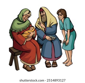 Mamá santa judía del este se sienta tierna brazo sostiene el cuidado abrazo Pequeño pequeño recién nacido edad John baptist mom care resto sonrisa rezar.hand dibujado sacerdote judío nacimiento mirada alegría fe milagro historia musulmán pluma arte sketch