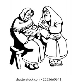 East jew holy mum sit tender arm hold care hug small little new born age John baptist mom care rest smile pray. hand drawn jewish priest birth look cheer joy faith miracle story muslim pen art sketch