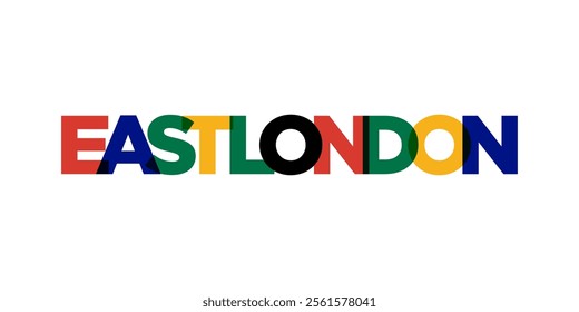 East London in the South Africa emblem. The design features a geometric style, vector illustration with bold typography in a modern font. The graphic slogan lettering.