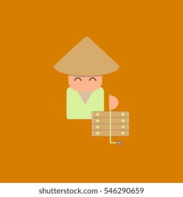 east man Vector illustration of Chinese new year celebration in flat style Chinese man in traditional conical hat with firecrackers
