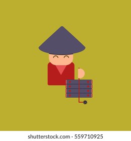 east man Vector illustration of Chinese new year celebration in flat style Chinese man in traditional conical hat with firecrackers
