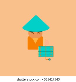 east man Vector illustration of Chinese new year celebration in flat style Chinese man in traditional conical hat with firecrackers