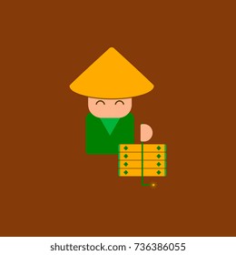 east man Vector illustration of Chinese new year celebration in flat style Chinese man in traditional conical hat with firecrackers