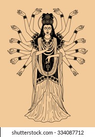 East many-armed goddess on a beige background