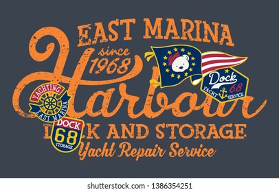 East marina harbor dock yacht storage cute vector print for children wear with patches applique