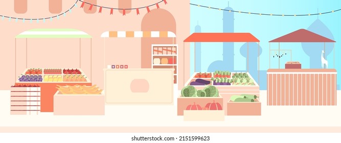 East market street landscape. Fruit vegetables stall, counters with jewelry and spices, hand made decorative gifts. Asian empty shopping bazaar, travel vector banner