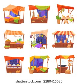 East market tents. Souk stalls, arabic shop bazaar merchant village traditional eastern street market thailand or mexican trade tent fabrics jewelry food, neat vector illustration