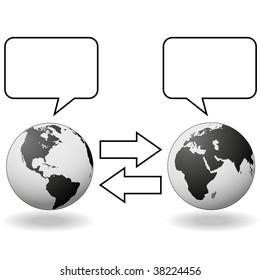 East meets West and hemispheres talk in speech bubbles to communicate in translation.