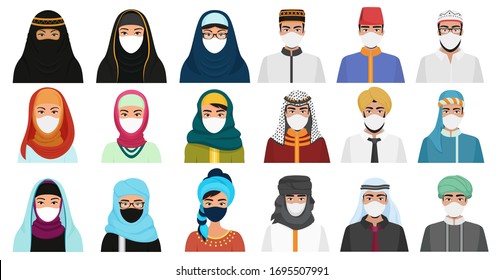 East men and women in masks cartoon flat vector illustration set isolated. Muslim Arabian people in traditional national clothes with protection masks to prevent air pollution, coronavirus covid-19