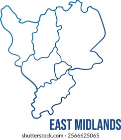 East Midlands region of England with administrative subdivisions. Abstract hand drawn simplified shape map. Soft blue gradient outline map to use for any purpose