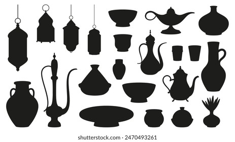 East moroccan crockery silhouettes. Arabic lantern black icons, jars and pots. Decorative vases classic style. Jugs silhouett, vector clipart