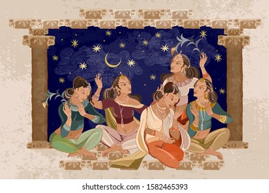 East murals. Beautiful indian girls in harem. Women in national ethnic clothes. Arabic frescos. Fashion islamic princesses. Scheherazade tell fairy tales in moonlight night. Culture of India 