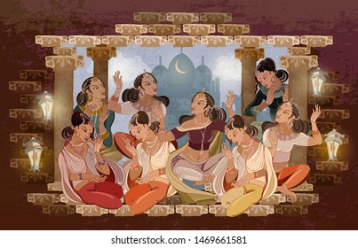 East murals. Women in national ethnic clothes. Arabic frescos. Fashion islamic princesses. Scheherazade tell fairy tales in moonlight night. Beautiful indian girls in harem. Culture of India 