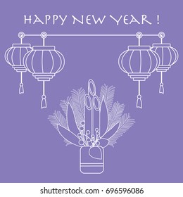 East new year home decorations kadomatsu and chinese lanterns. Design for banner, poster or print.