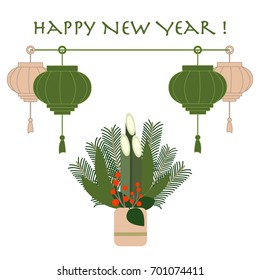 East new year home decorations kadomatsu and chinese lanterns. Design for banner, poster or print.