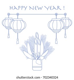 East new year home decorations kadomatsu and chinese lanterns. Design for banner, poster or print.