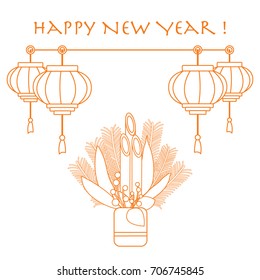 East new year home decorations kadomatsu and chinese lanterns. Design for banner, poster or print.