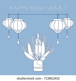 East new year home decorations kadomatsu and chinese lanterns. Design for banner, poster or print.