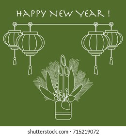 East new year home decorations kadomatsu and chinese lanterns. Design for banner, poster or print.