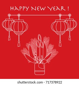 East new year home decorations kadomatsu and chinese lanterns. Design for banner, poster or print.