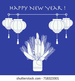 East new year home decorations kadomatsu and chinese lanterns. Design for banner, poster or print.