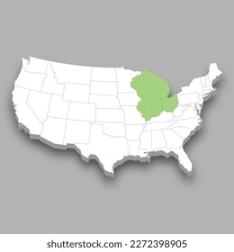 East North Central division location within United States 3d isometric map