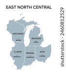 East North Central states, gray political map with borders and capitals. United States Census division of the Midwest region, consisting of the states Illinois, Indiana, Michigan, Ohio, and Wisconsin.