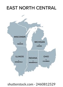 East North Central States, graue politische Karte mit Grenzen und Hauptstädten. United States Census Division of the Midwest Region, bestehend aus den Bundesstaaten Illinois, Indiana, Michigan, Ohio und Wisconsin.