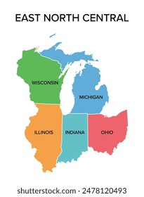 East North Central states, multi colored political map with borders. United States Census division of the Midwest region, consisting of the states Illinois, Indiana, Michigan, Ohio, and Wisconsin.