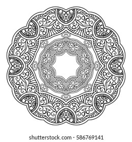 East ornament with Indian pattern. Circular mandala. Decorative black pattern on a white background. Elegant element for decoration