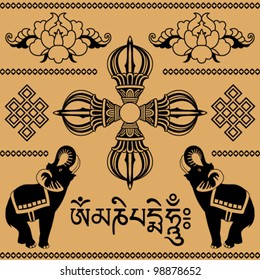 east pattern of elephants, Buddhist decorative floral elements, text in Sanskrit on a beige background