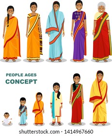 East people generations at different ages isolated on white background in flat style. Indian woman aging: baby, child, teenager, young, adult, old people. Vector illustration.