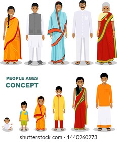 East people generations at different ages isolated on white background in flat style. Indian man and woman aging: baby, child, teenager, young, adult, old people. Vector illustration.