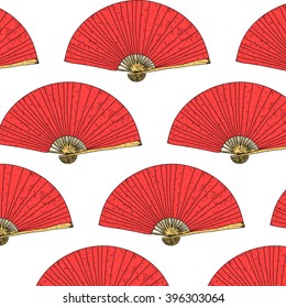 East seamless pattern. Vector hand drawn Japanese fan background