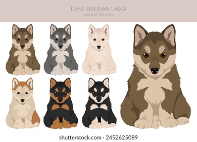 East siberian laika puppy clipart. Different coat colors set.  Vector illustration