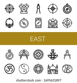 east simple icons set. Contains such icons as Compass, Amulet, Incense burner, Mosque, Om, Ying yang, Windrose, Faravahar, Yin yang, can be used for web, mobile and logo