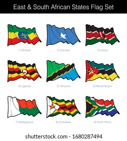 East and South African States Waving Flag Set. The set includes the flags of Ethiopia, Somalia, Kenya, Uganda, Tanzania, Mozambique, Madagascar, Zimbabwe n South Africa. Vector Icons neatly on Layers