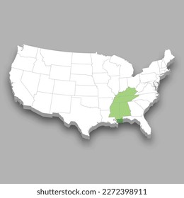 East South Central division location within United States 3d isometric map